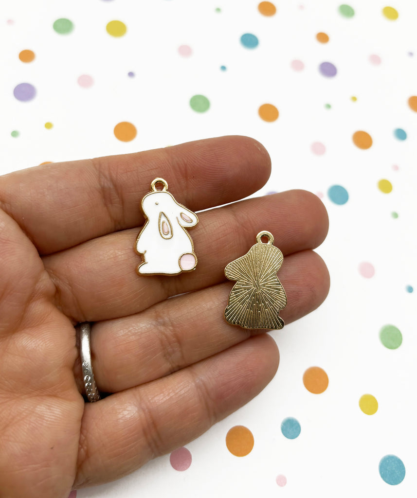 a person is holding two small charms in their hand