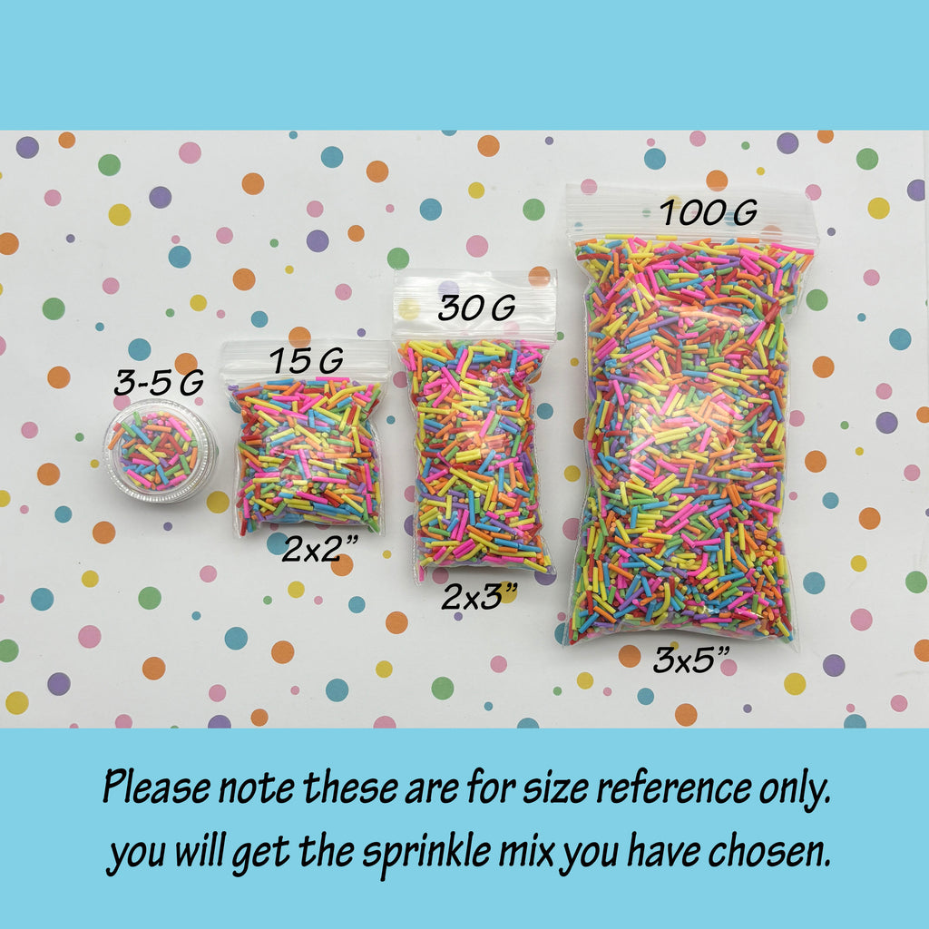 three bags of colorful sprinkles, each labeled with its size in grams, placed on a background with polka dots.