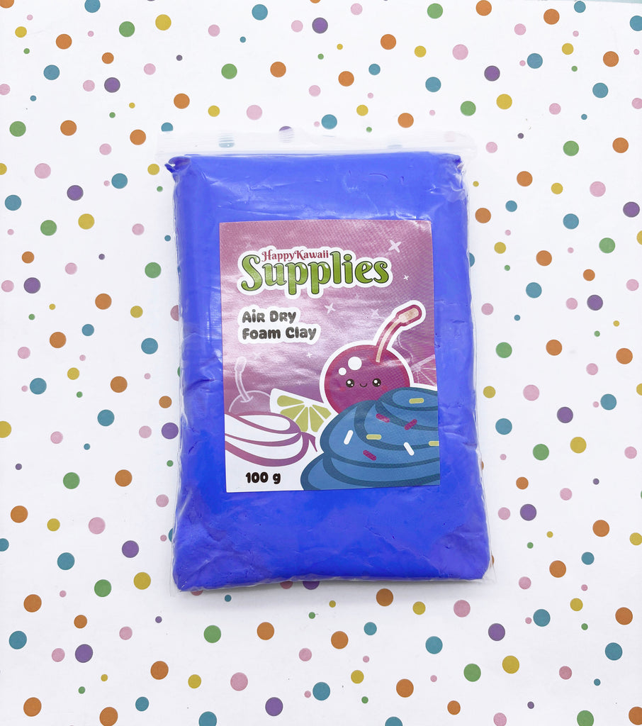 A bag of Happy Kawaii Supplies' Air Dry Foam Clay is shown against a background of colorful polka dots.