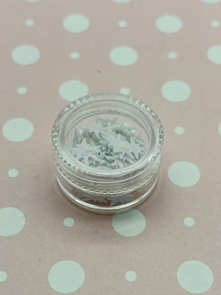 a small jar of glitter sitting on a polka dot tablecloth