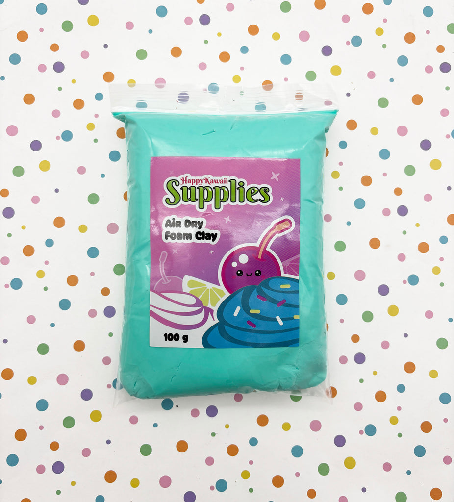 A bag of HappyKawaii Supplies' air dry foam clay is shown against a background of colorful polka dots.