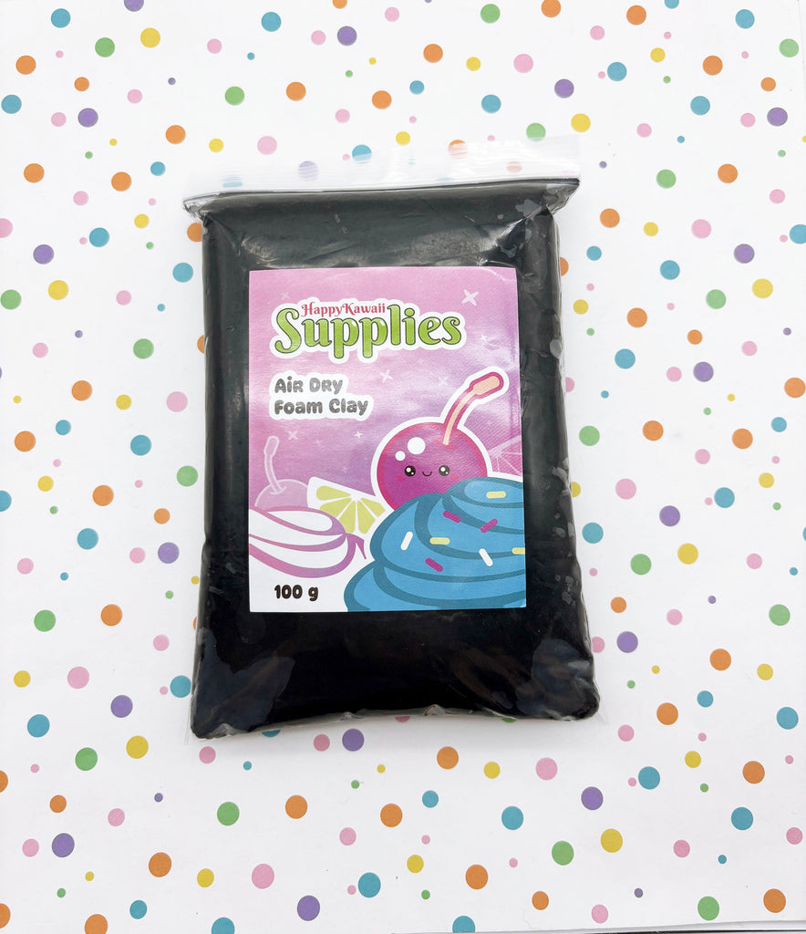 A bag of air dry foam clay is placed on a surface with a colorful polka dot background.