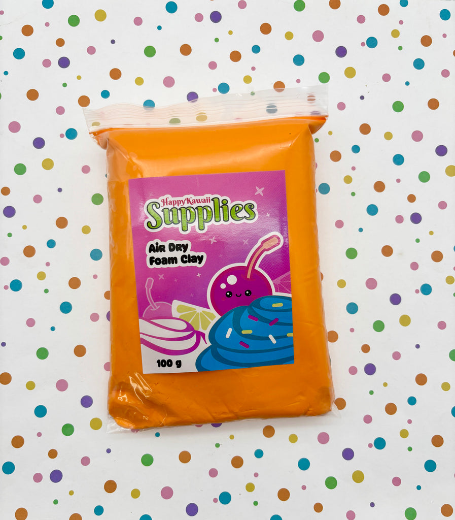 A bag of Happy Kawaii Supplies' air dry foam clay is shown against a background of colorful polka dots.
