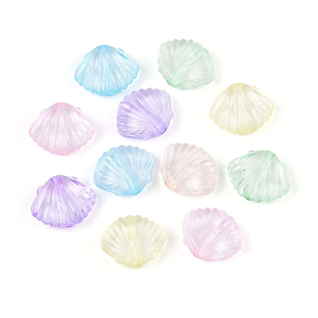 nine colorful glass seashells arranged in a circular pattern against a white background.