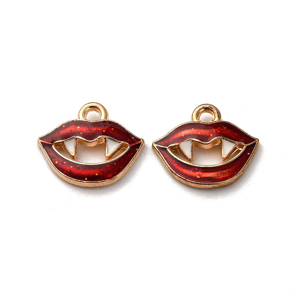 two red enamel charms with gold hooks, resembling the shape of a pair of red lips with fangs.