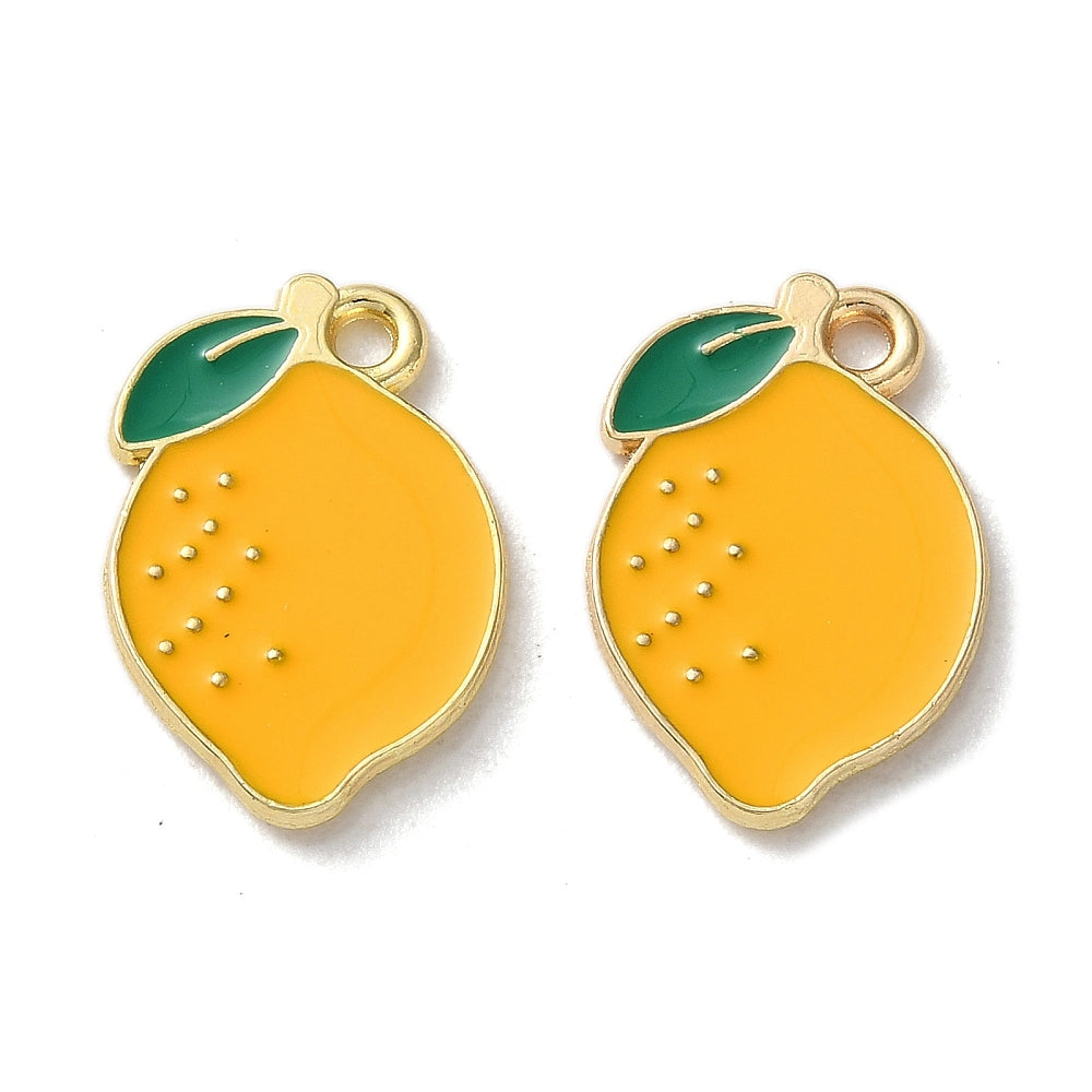 two yellow enamel charms shaped like lemons, each with a green leaf attached to the top.