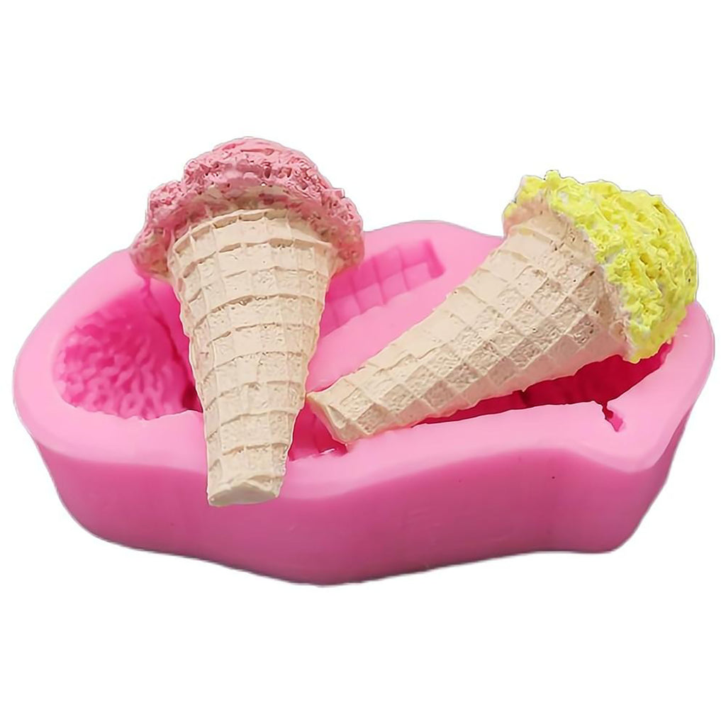 Two pink and yellow ice cream cones in a pink mold.