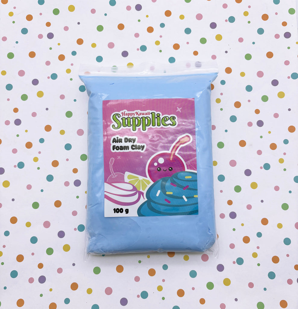 A bag of HappyKawaii Supplies' Air Day Foam Clay is shown against a background of colorful polka dots.