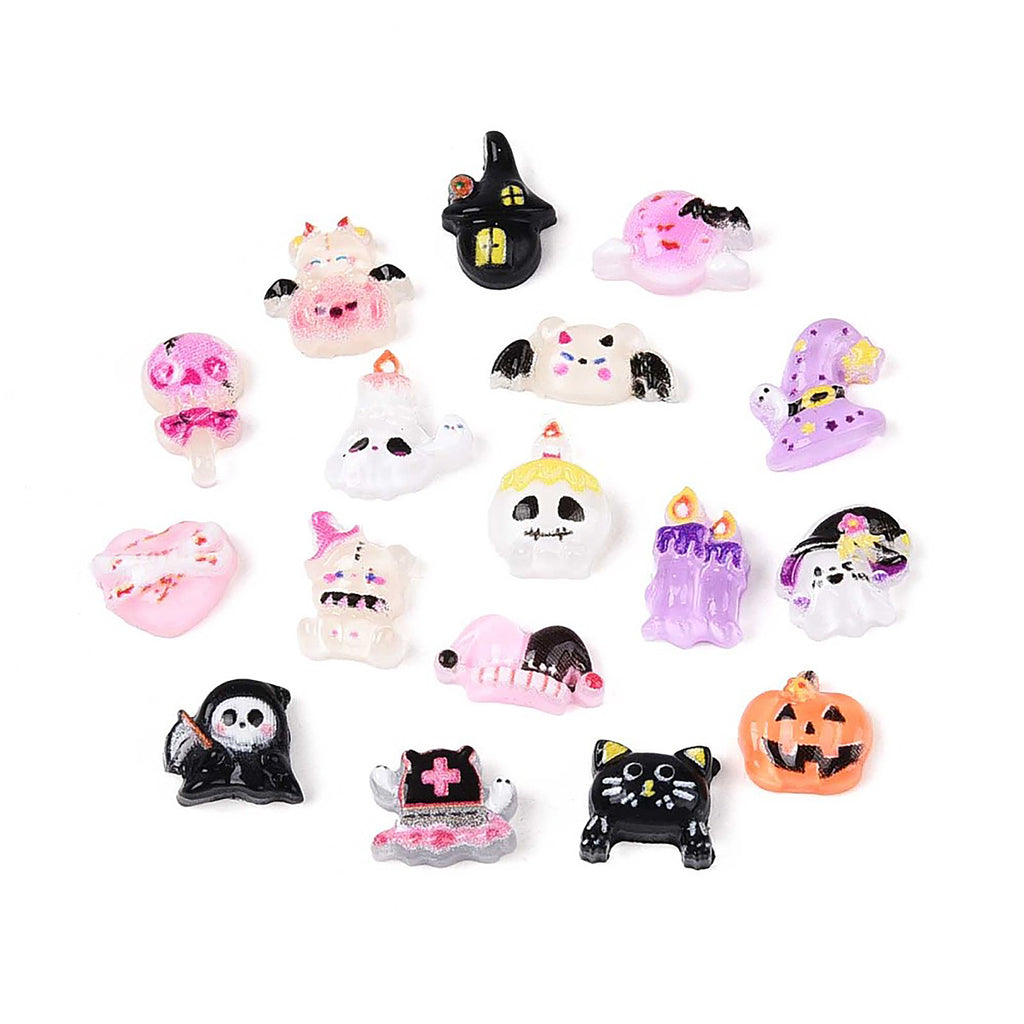 a collection of various Halloween-themed stickers and charms, including bats, skulls, pumpkins, and other spooky and festive designs.