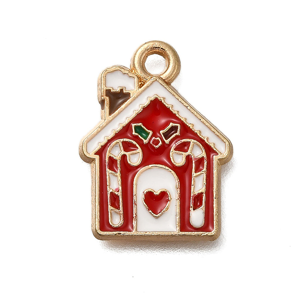 A small, ornate, and colorful charm in the shape of a house, with a red roof and white walls.