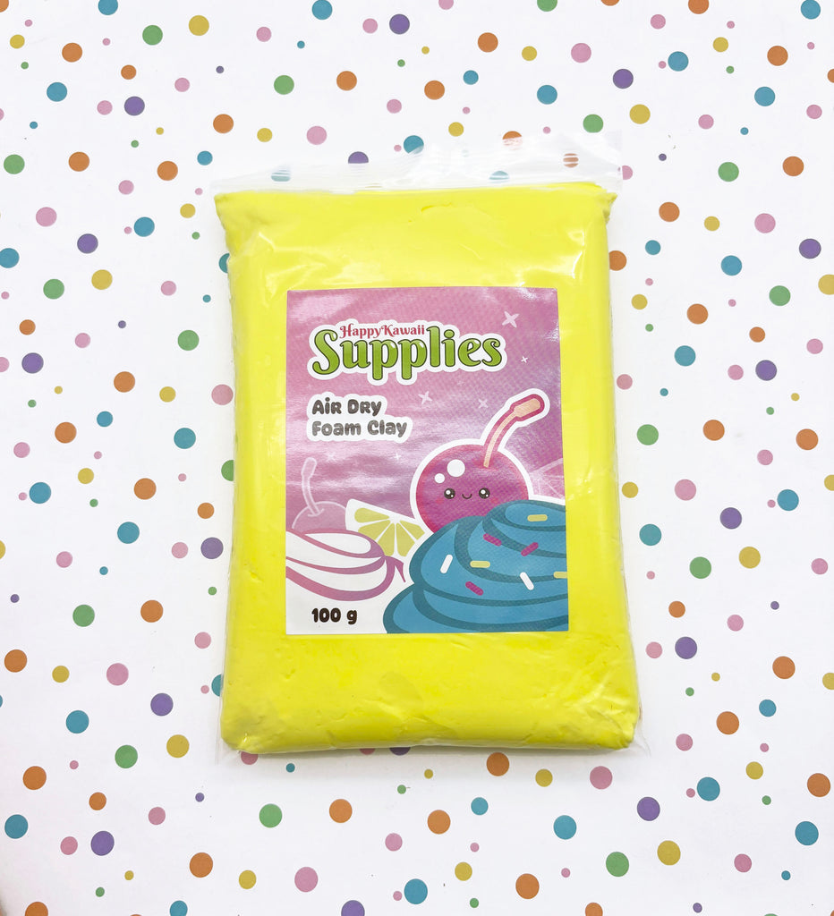 A bag of Happy Kawaii Supplies' Air Day Foam Clay is shown against a background of colorful polka dots.