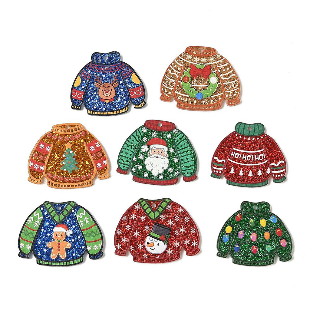 nine colorful Christmas-themed ornaments or decorations, including various designs of Christmas sweaters and other festive items.