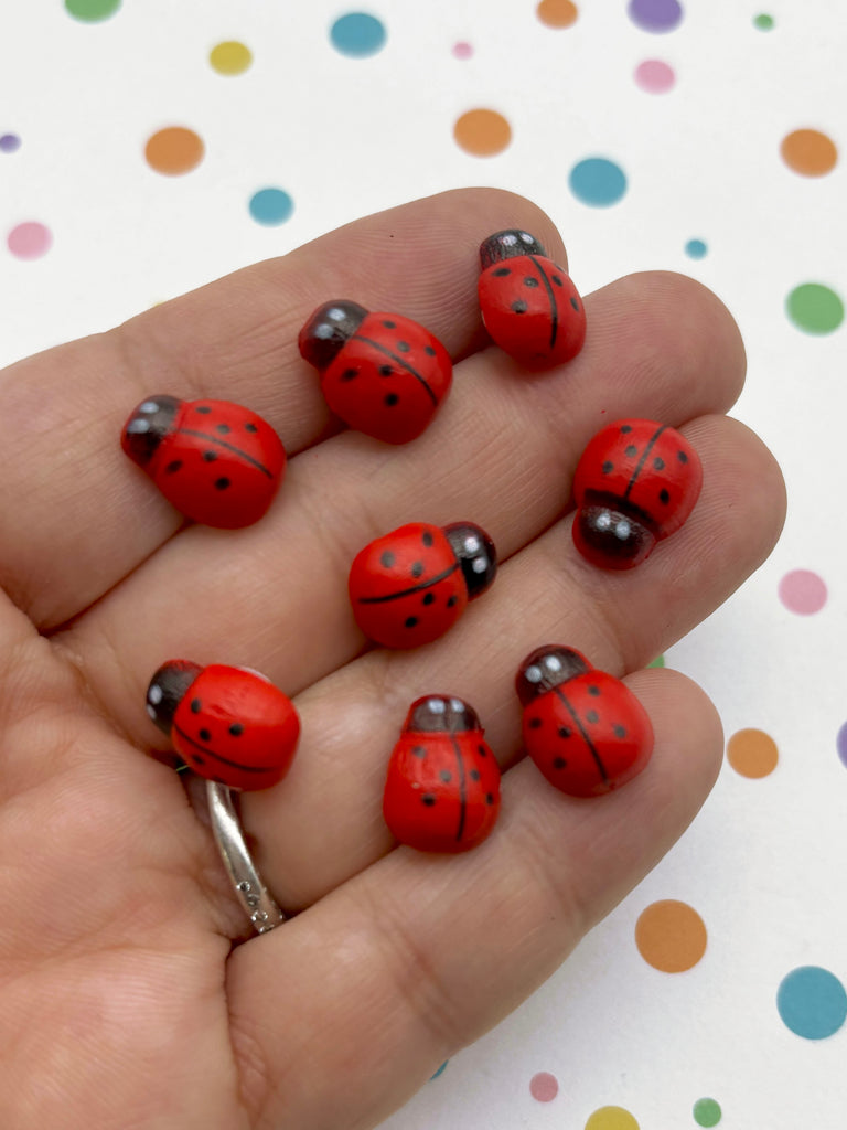 a person holding a tiny red and black ladybug ring