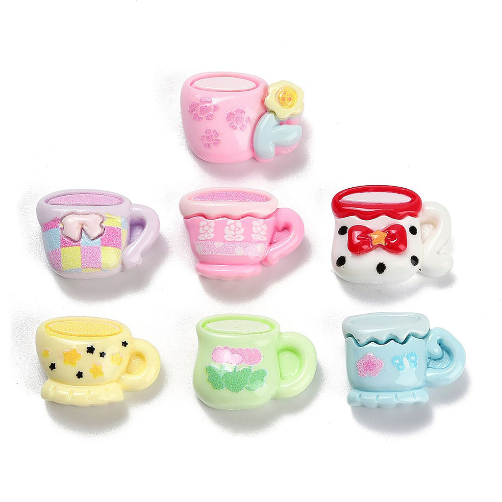 six colorful plastic mugs with various designs, including flowers, polka dots, and stars, arranged in a grid pattern.