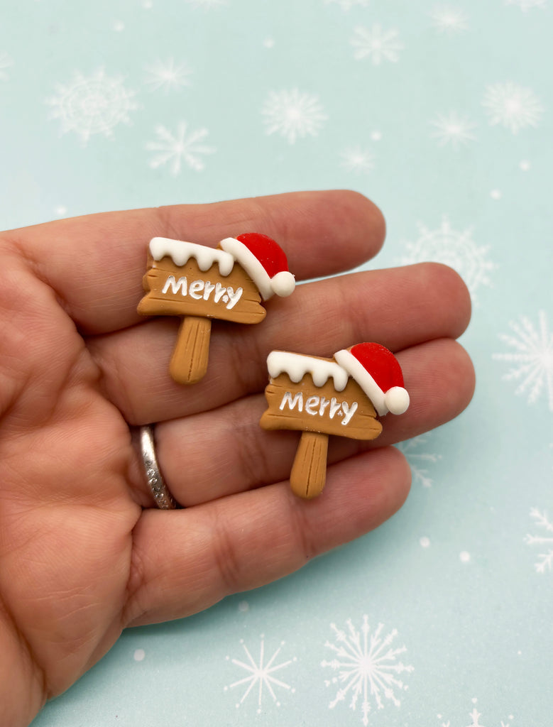 a hand holding a pair of wooden pops with merry written on them