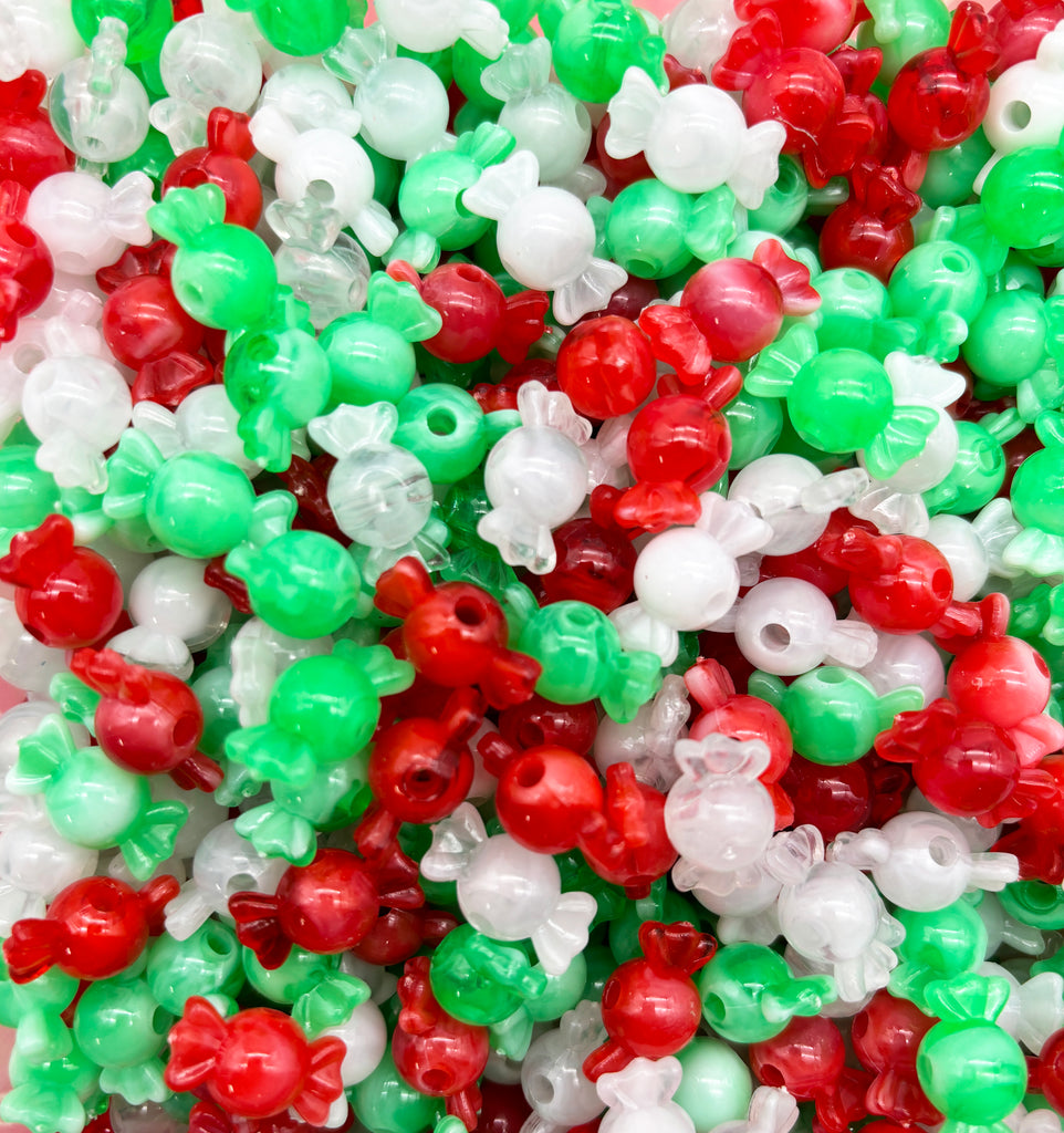 a pile of red, white and green beads