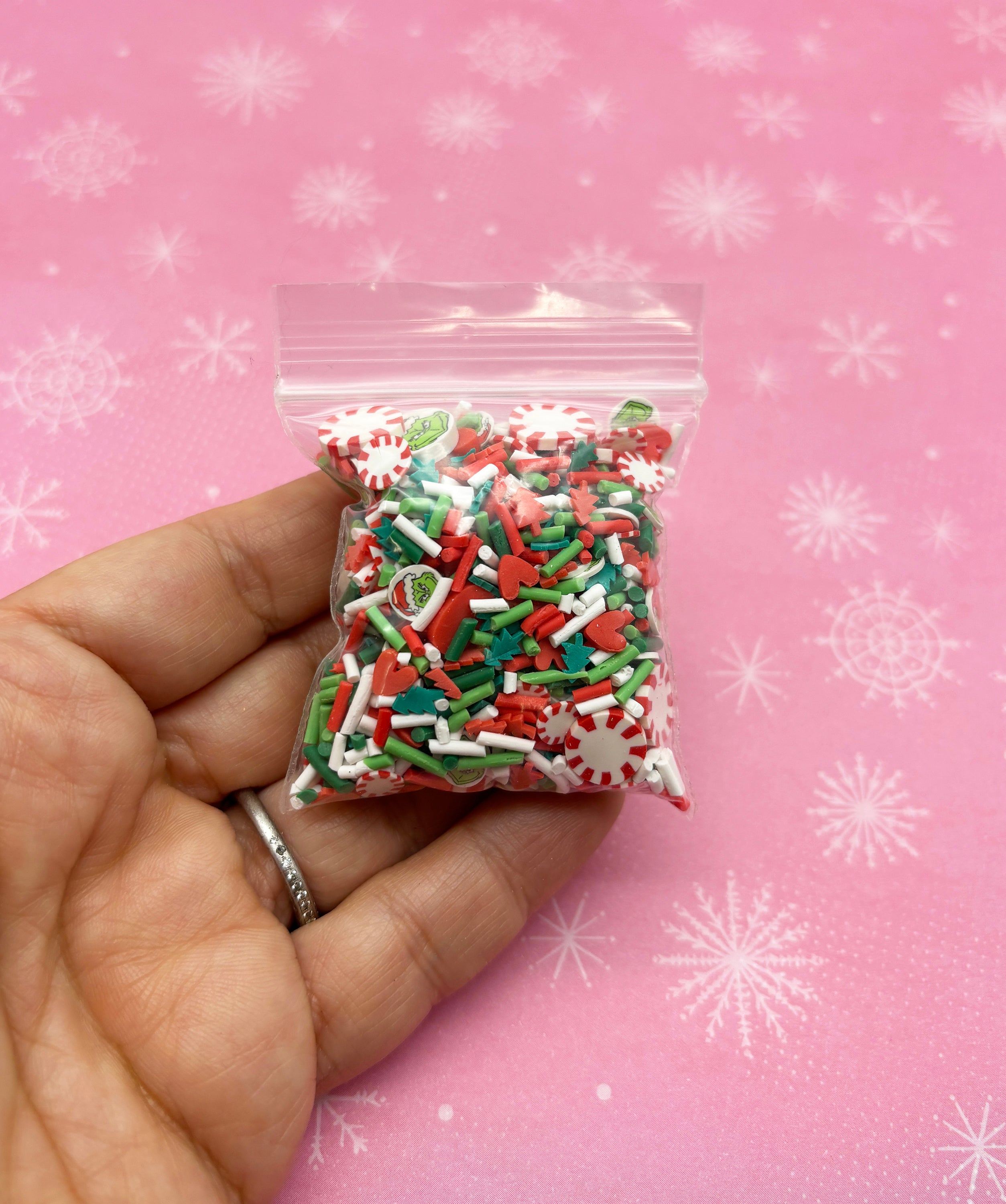 10 gram Christmas Snowflakes Polymer Sprinkle, Heart Green Faux Sprinkles,  Polymer Clay Fake Sprinkles, Nail Art Faux Craft