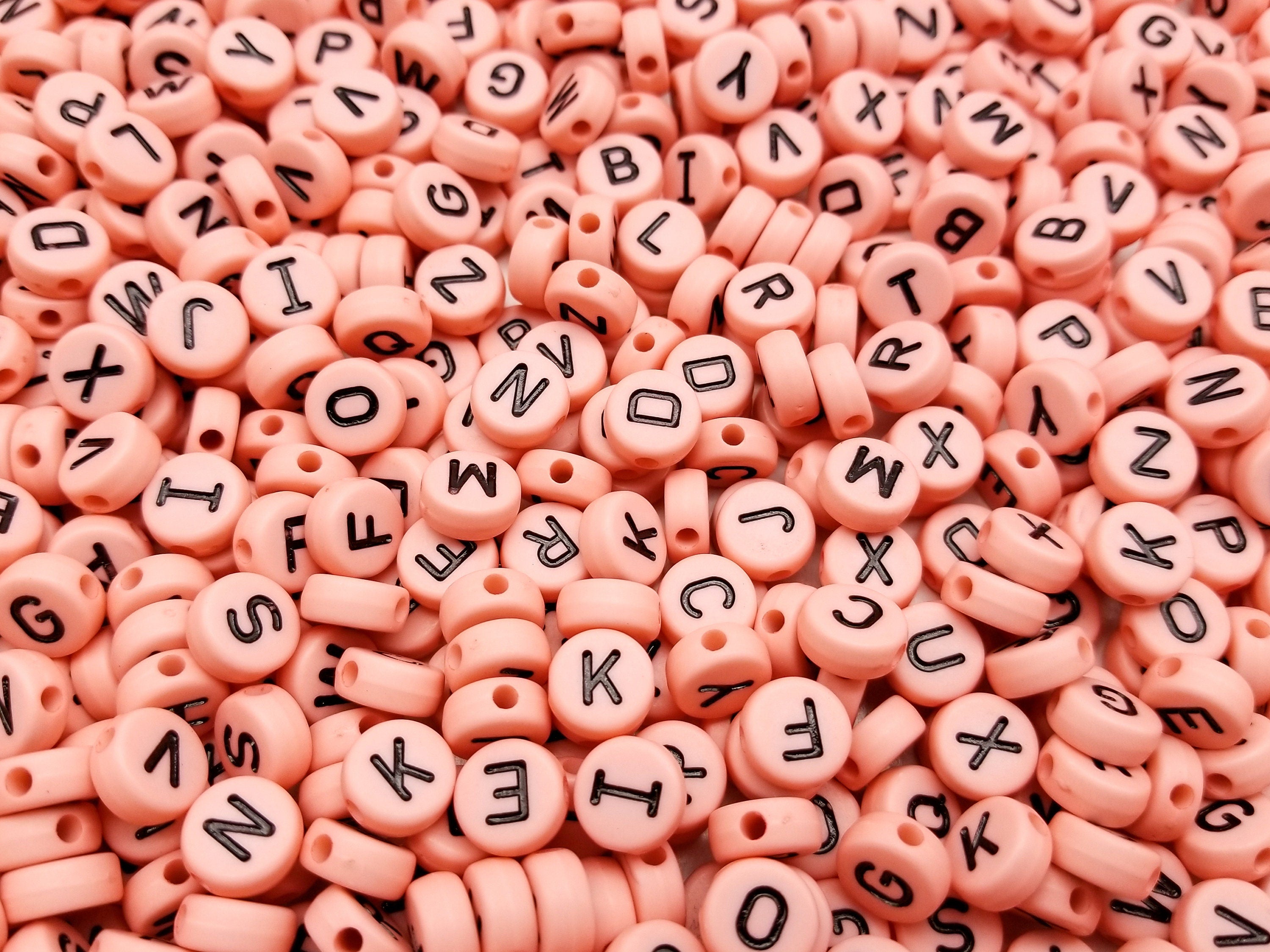 100 Pink and Black 7mm Alphabet Beads, Acrylic Pastel Pink Letter Beads J28