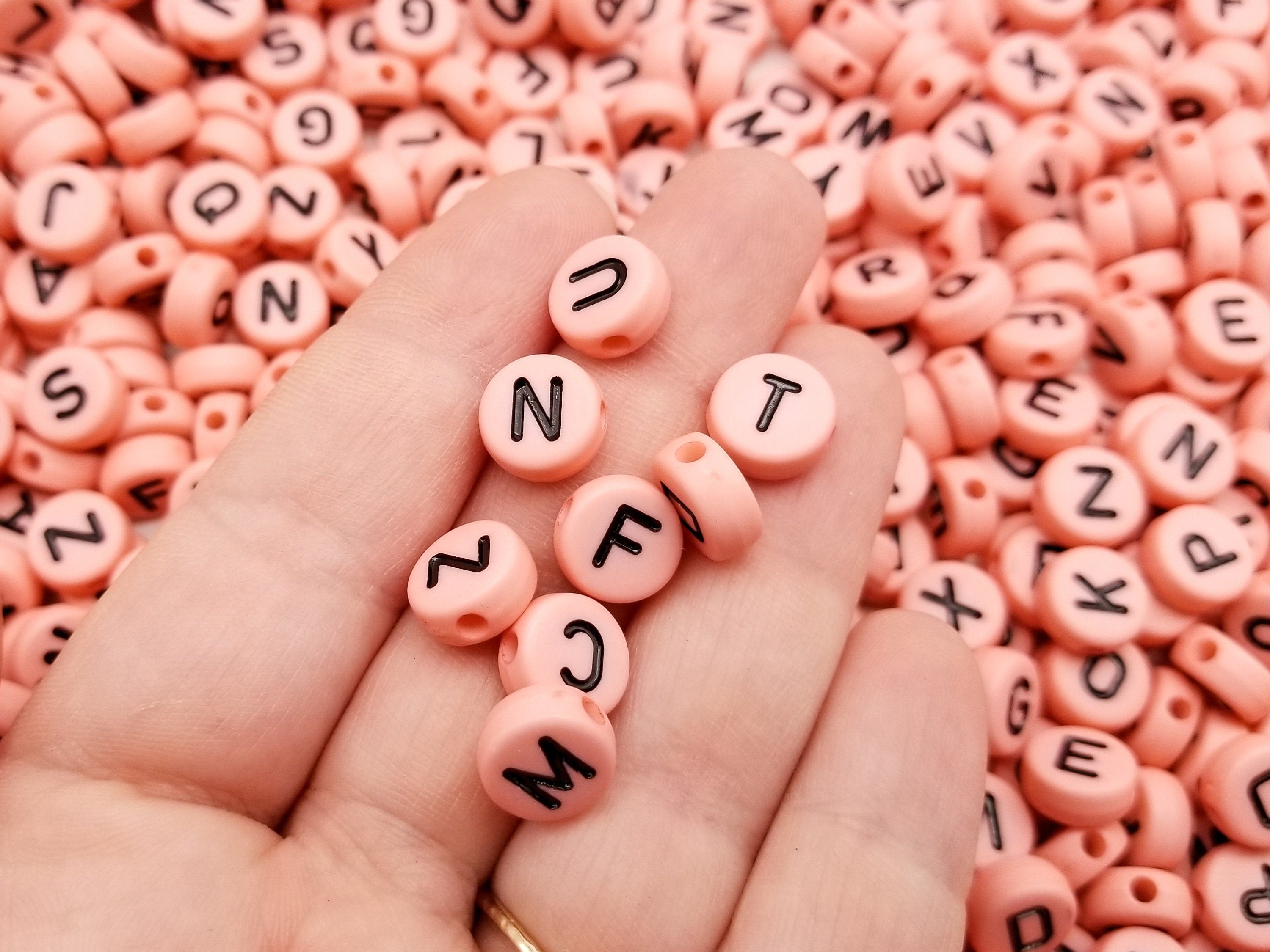 100 Pink and Black 7mm Alphabet Beads, Acrylic Pastel Pink Letter